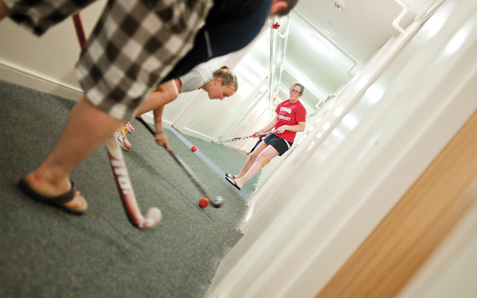 On this particular floor, there were a lot of field hockey players. I asked what they did for fun, and they said, "We play field hockey in the hallway all the time!"