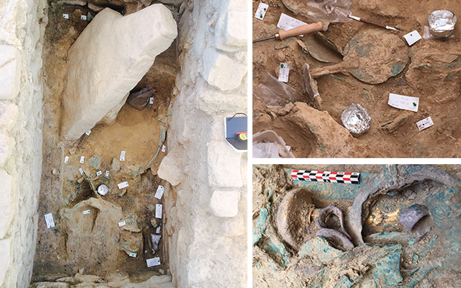 Items found in the Griffin Warrior tomb include a large spouted basin (left), a bronze mirror with an ivory handle (top) and a bronze sword with a gold hilt and pommel (below).