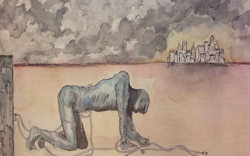 Water color painting of figure tangled in cords