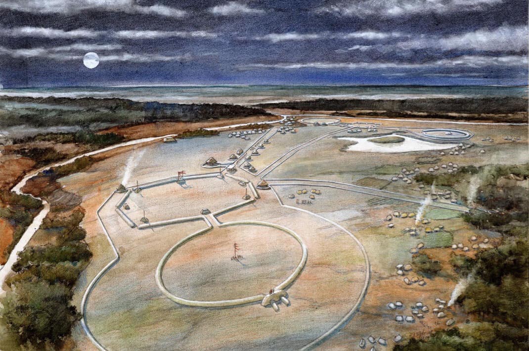 Illustration of an aerial view of the UNESCO World Heritage Site: the Hopewell Ceremonial Earthworks