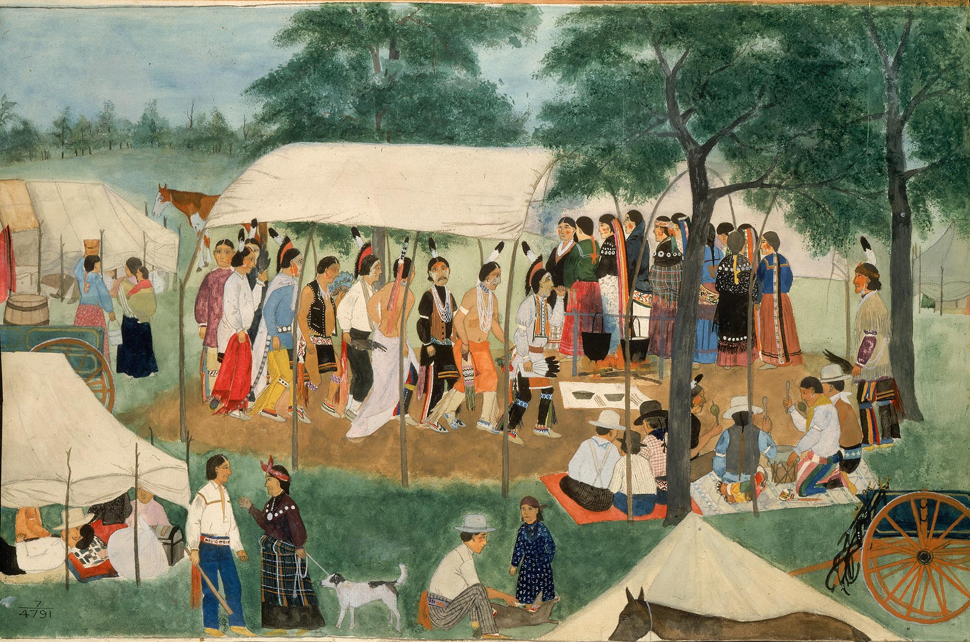 Image of Sac and Fox Buffalo Dance, Ernest Spybuck, 1908-1910, watercolor and pencil on paperboard, Smithsonian National Museum of the American Indian