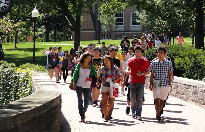 Students walking around campus