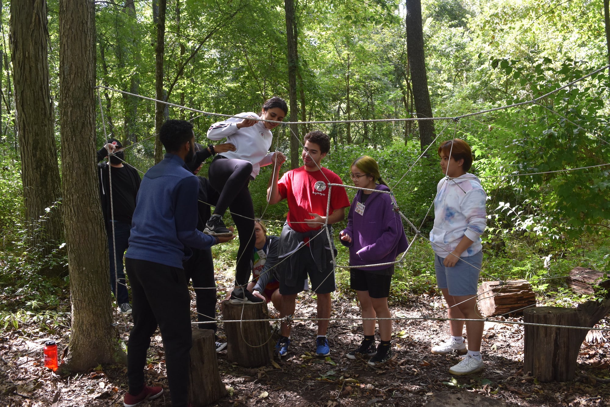 Students in a team building exercise on the ropes