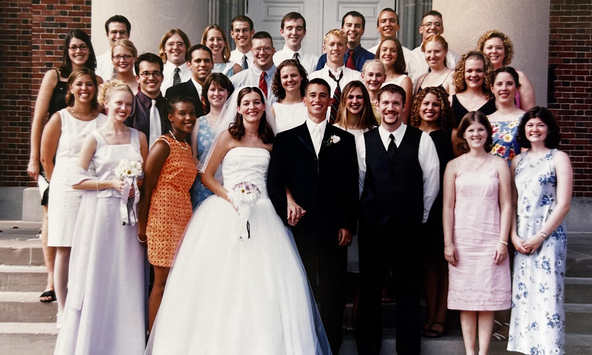 Boyd wedding party on the steps of Swasey Chapel