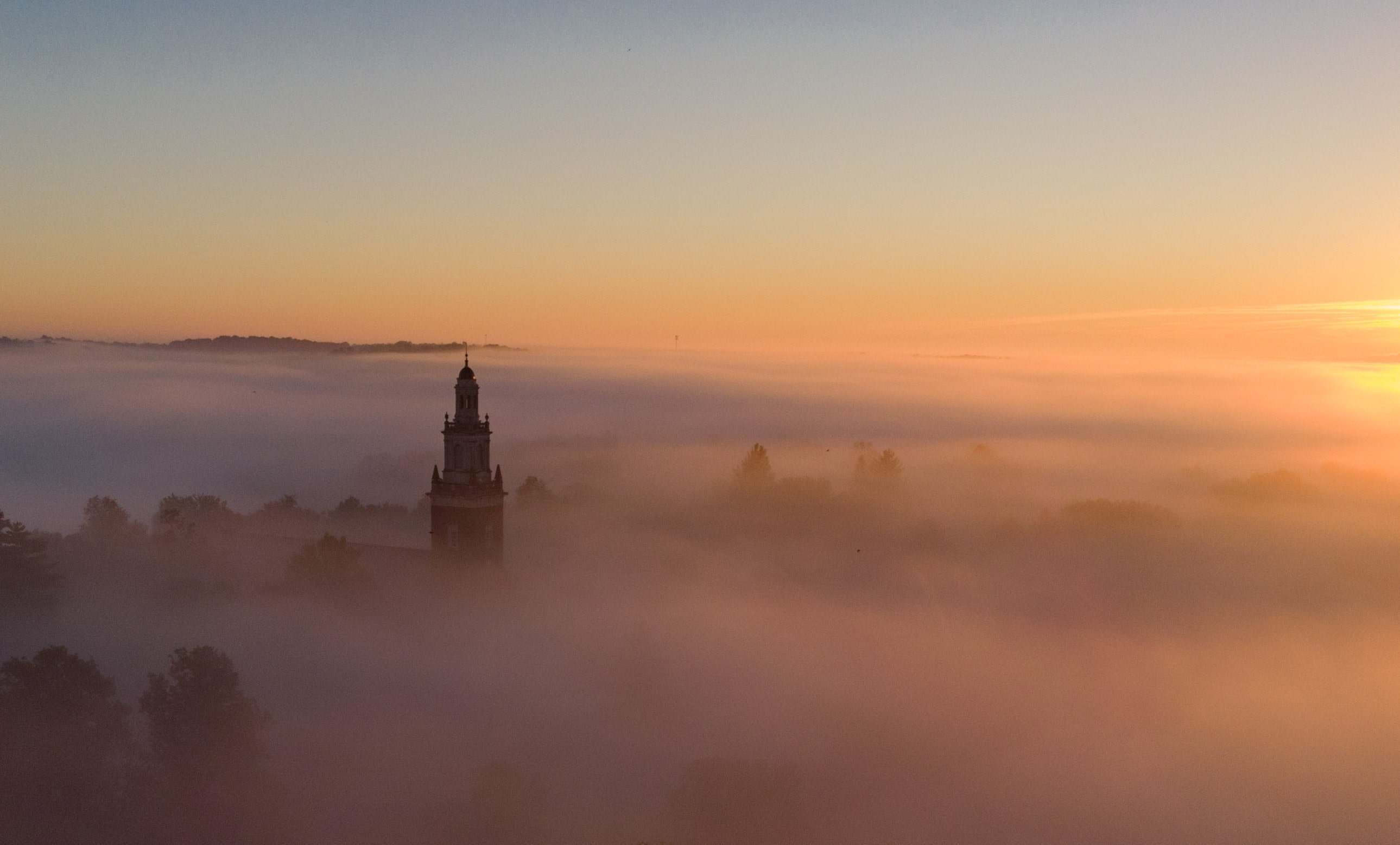 Top of Swasey Chapel on a misty morning