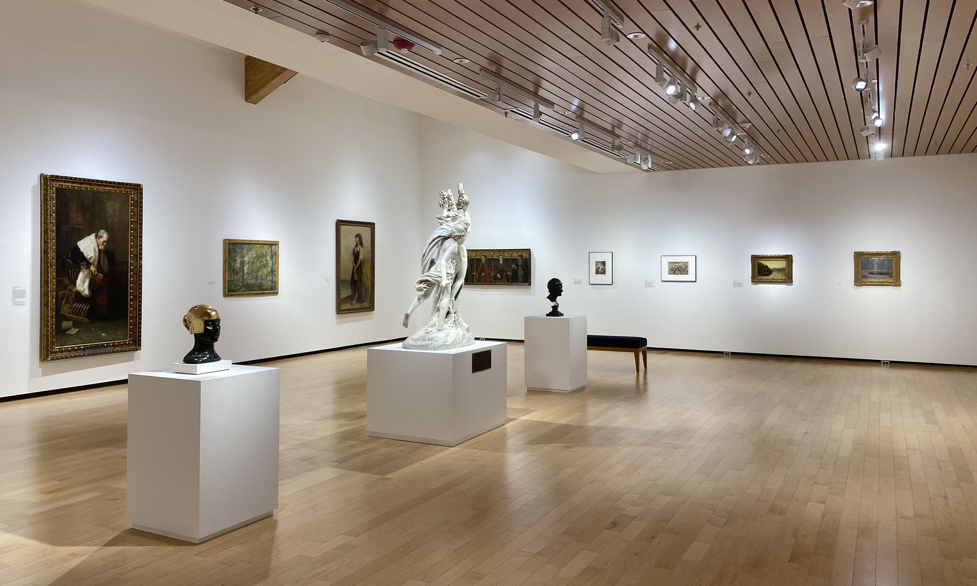 Photo of one of the Museum's galleries, a large room with white walls adorned with framed paintings, each illuminated from directional lighting, which hangs from a wood-slat ceiling. Three block pedestals stand alongside the left-side of the image, rising up from the light hardwood floors, each displaying a sculpture.