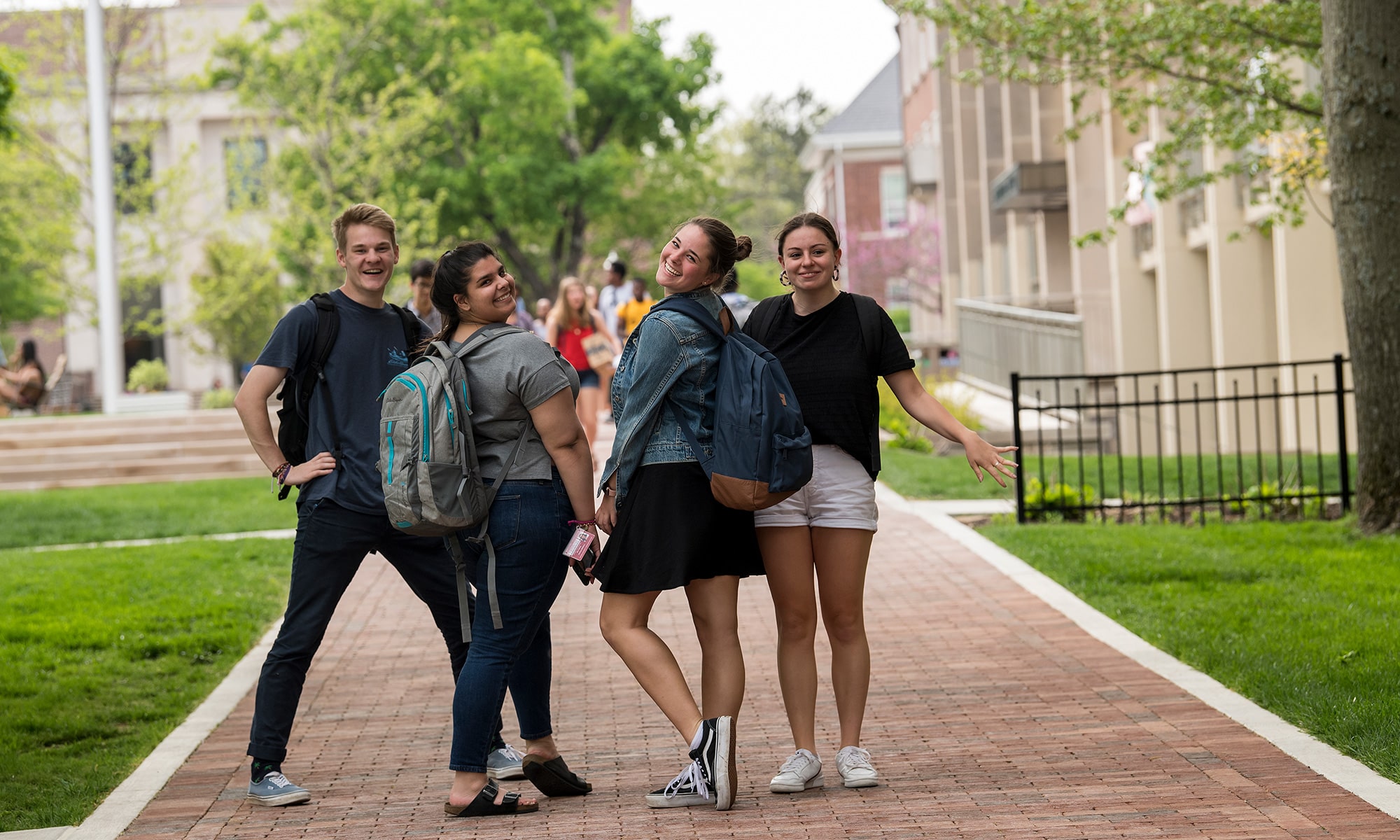 Students taking picture on academic quad