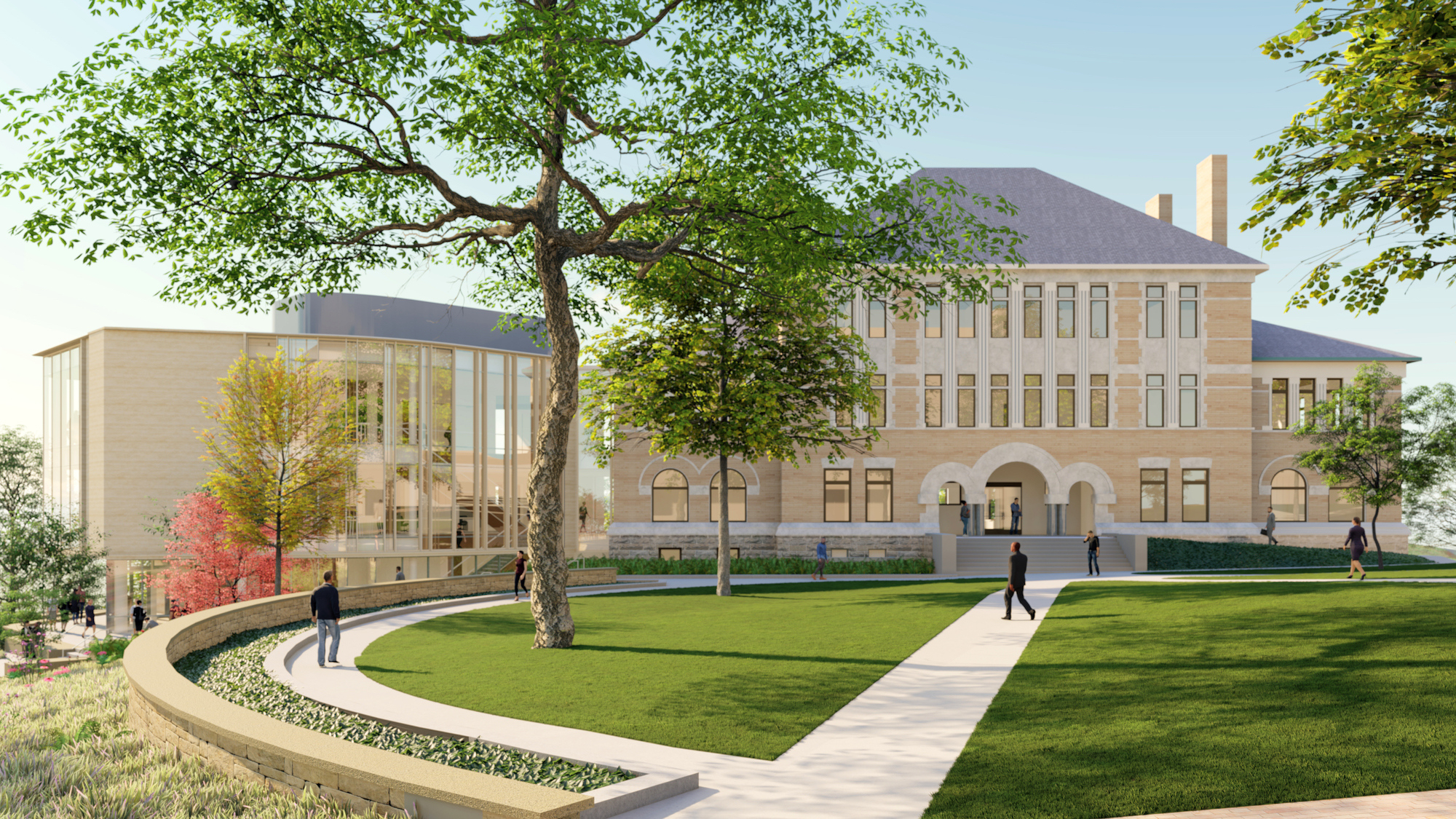 Rendering of Doane exterior renovation seen from bridge over Presidents' Drive