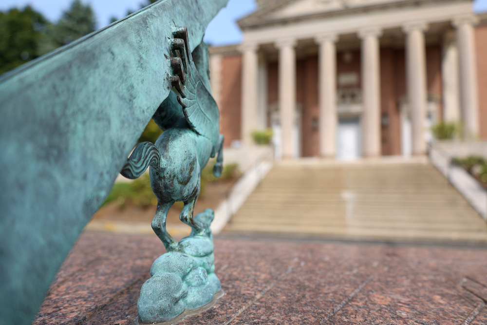 Detail of horse statue on campus