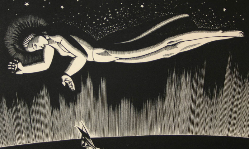 Rockwell Kent Postcard of figure floating in night sky