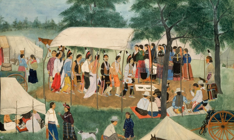 Image of Sac and Fox Buffalo Dance, Ernest Spybuck, 1908-1910, watercolor and pencil on paperboard, Smithsonian National Museum of the American Indian