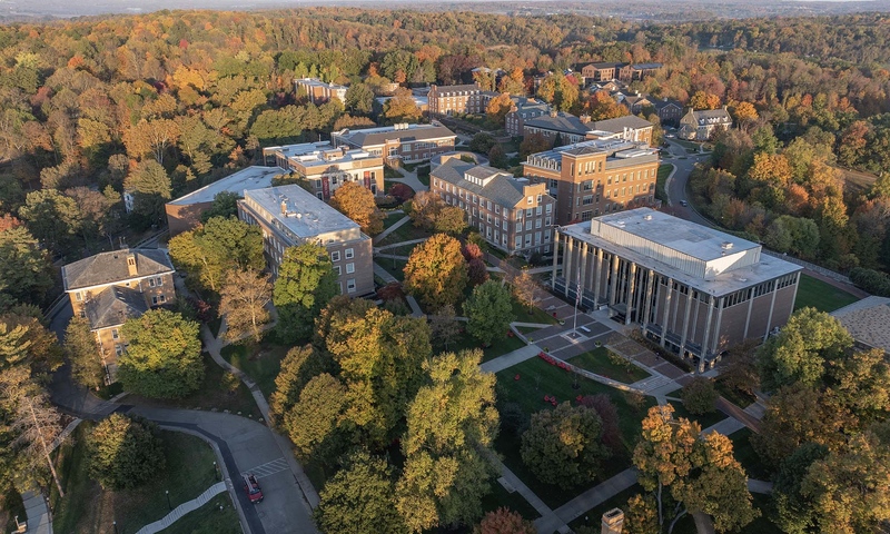 Aerial view of Denison campus in the fall.