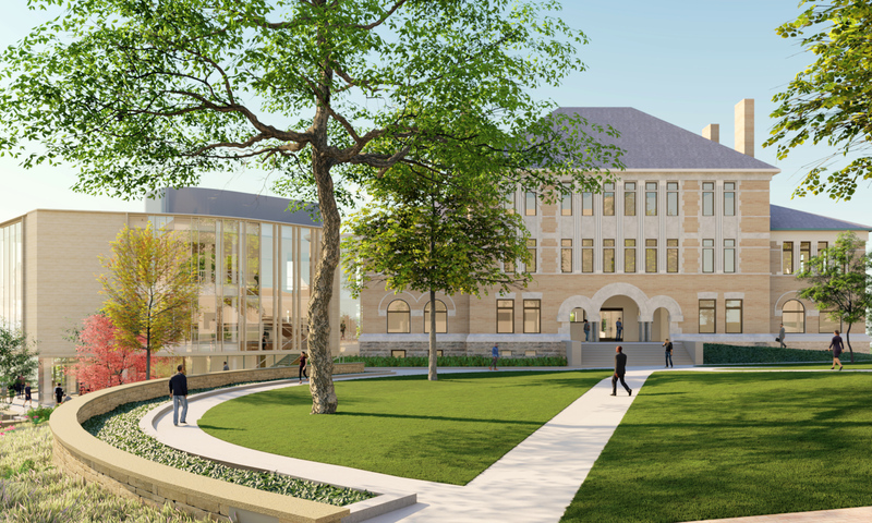 Rendering of Doane exterior renovation seen from bridge over Presidents' Drive