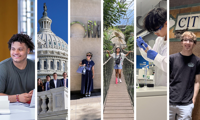 A collage of five students in various settings that reflect the internships they worked over the summer, including the U.S. capitol and a science lab.