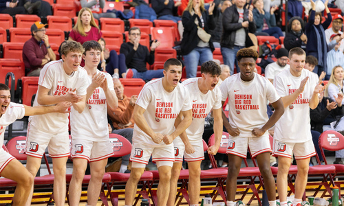 Photo of Denison Men's Basketball team cheering from the bench.