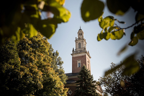 Fall Photo of Swasey Chapel through Treeline 