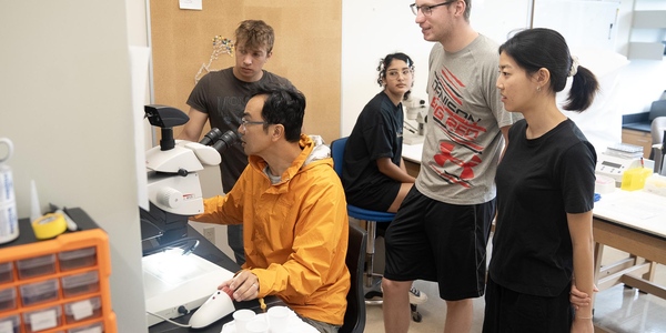 Students viewing research with professor