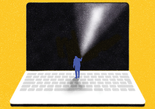 An illustration of a small person standing on a laptop keyboard