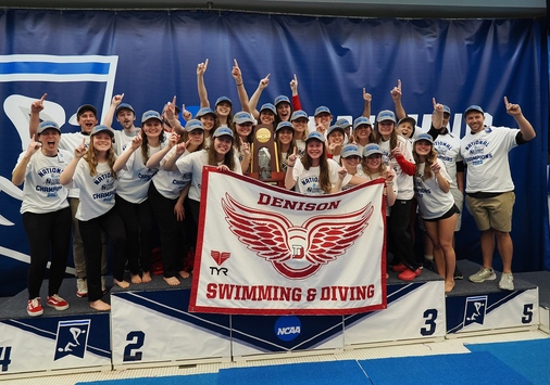 The Denison women's swimming and diving team celebrates its Division III NCAA title in Greensboro, North Carolina.