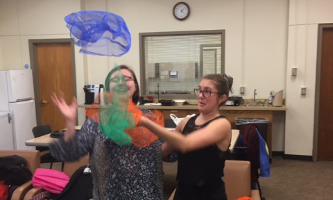 Arin Caveney and Maya Hodson practice their juggling skills