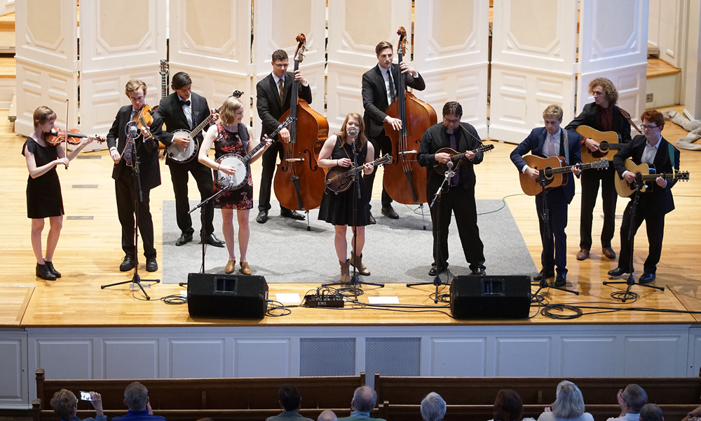 Bluegrass students performing in Swasey Chapel