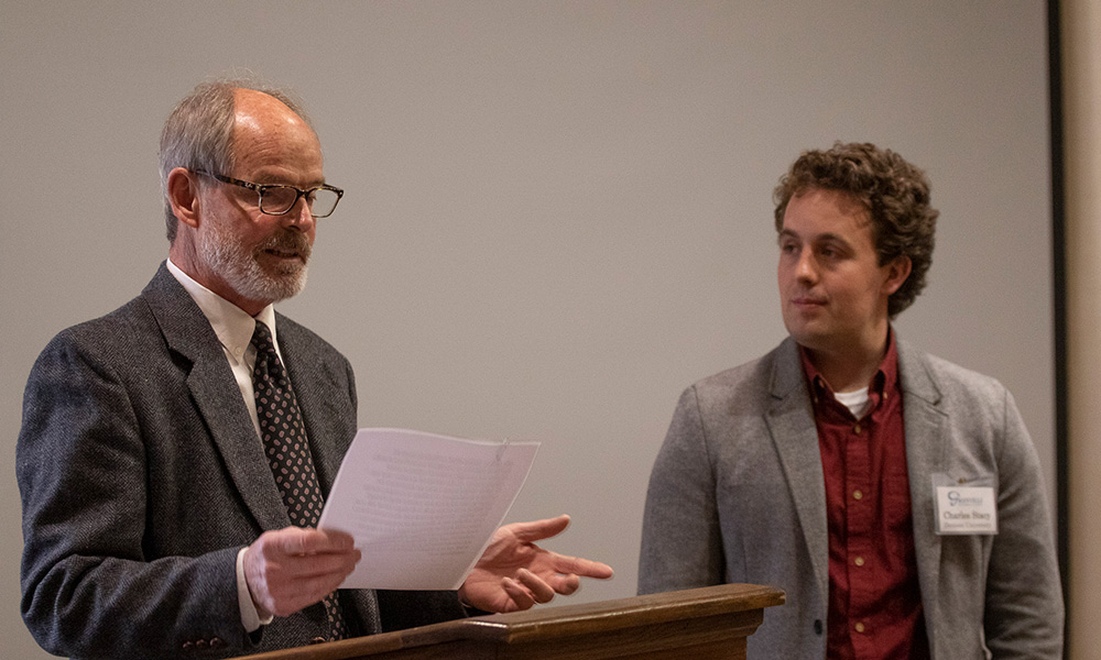 Chamber of Commerce Director Steve Matheny presents the Kussmaul Award to Charles Stacy '22