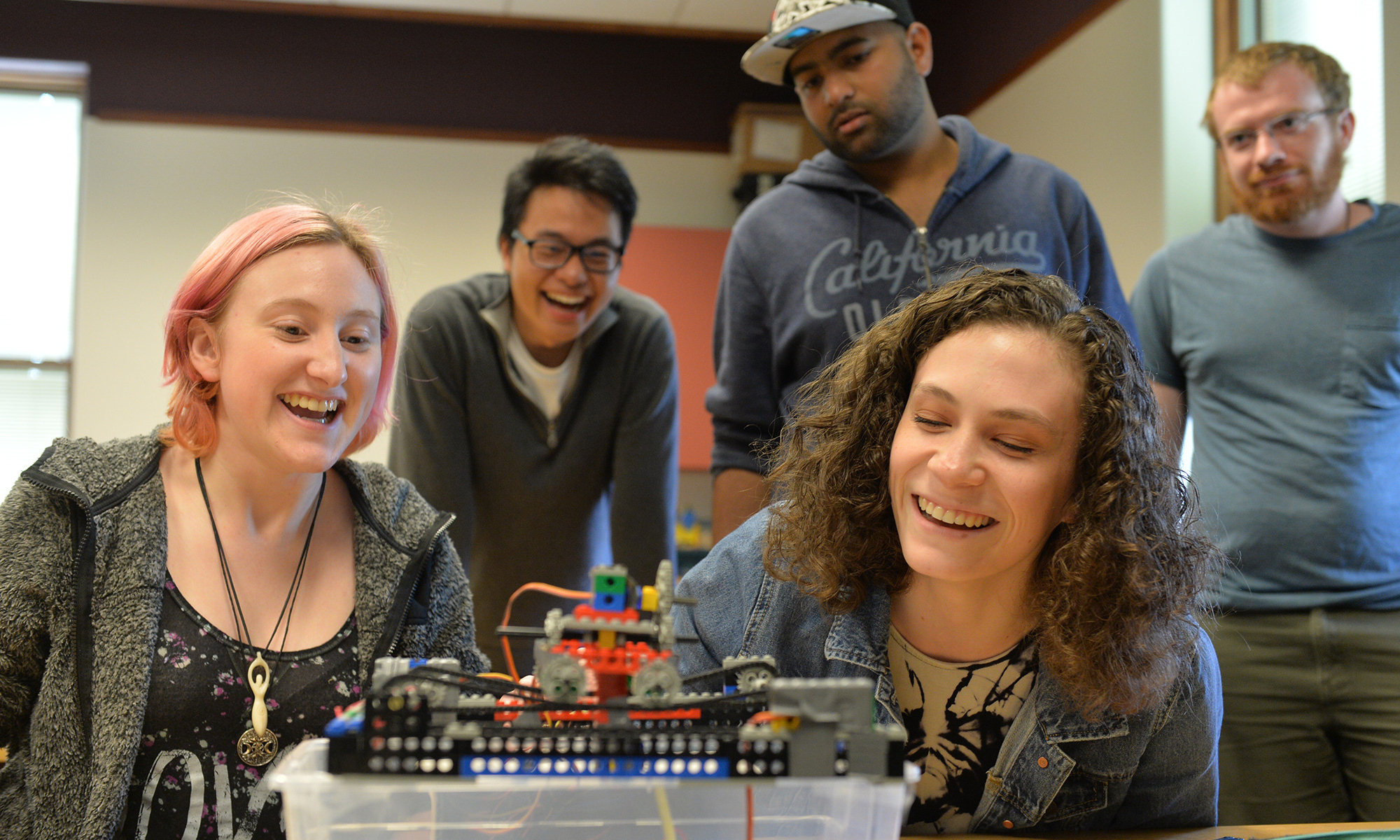 Mathematics students in a robotics lab