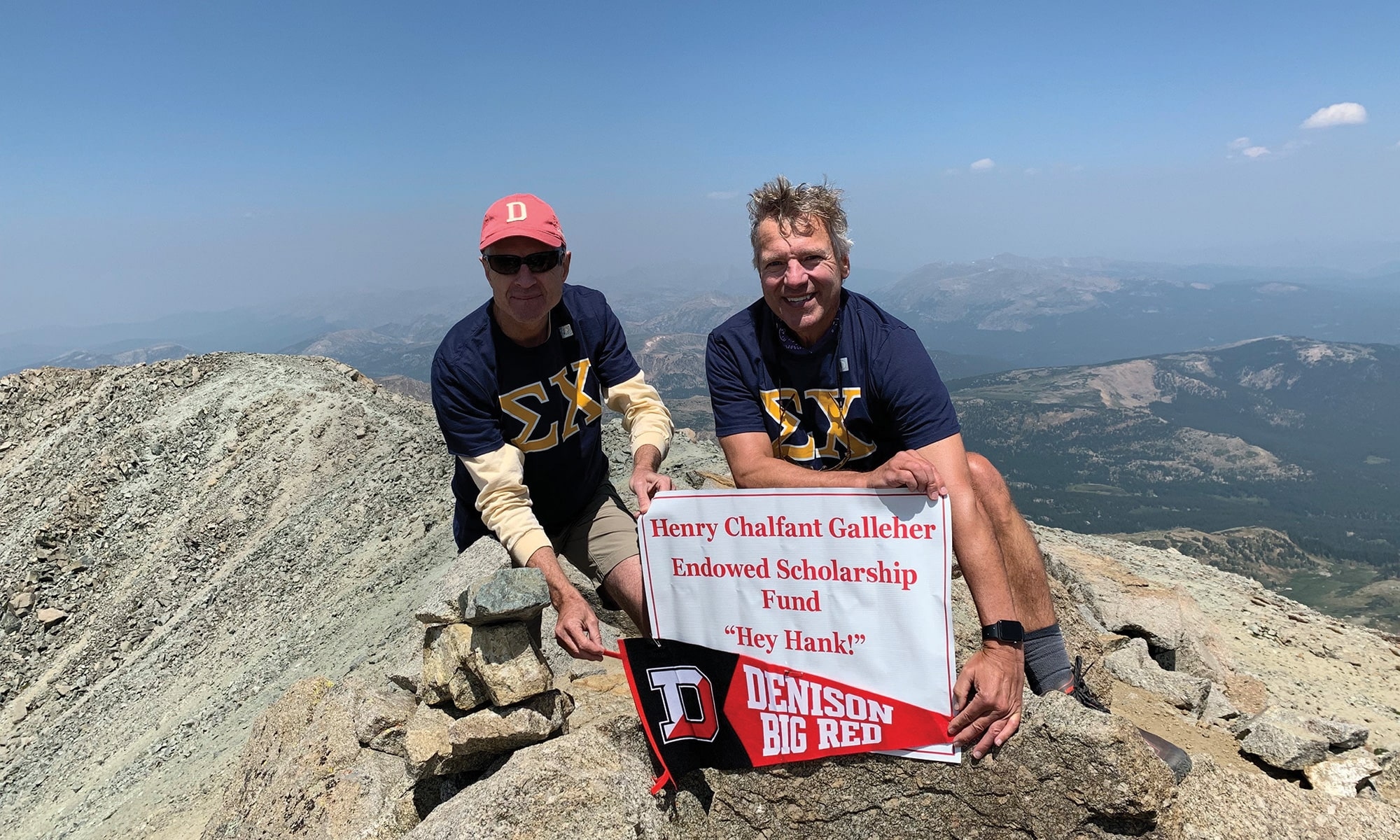 MILE HI: Scott Aiken ‘83 and Jay Snouffer ‘83 decked out in their Sigma Chi shirts at the top of Mount Massive.