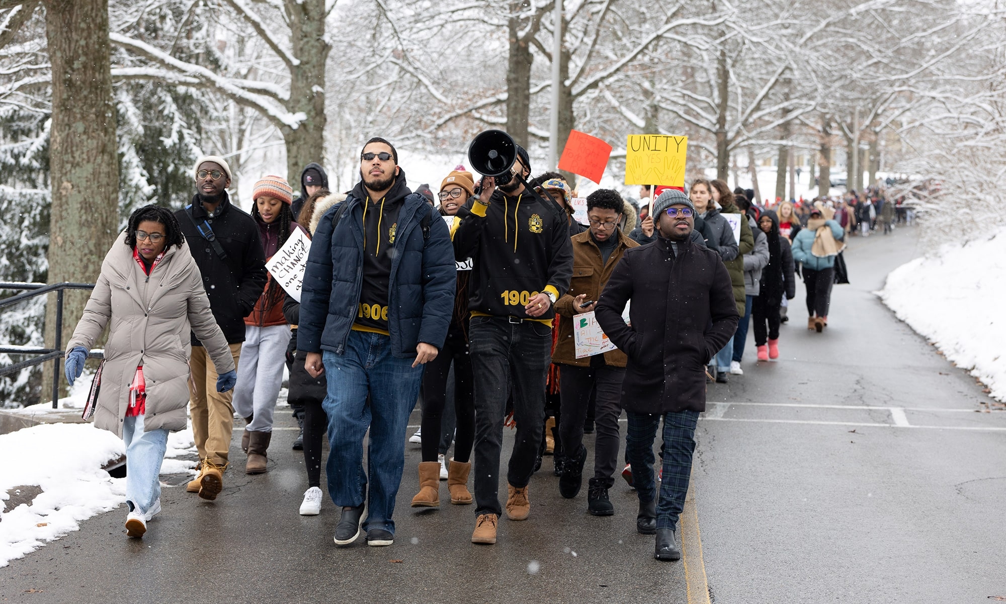 Hundreds of Denison students, faculty, and staff join in the MLK Celebration march.