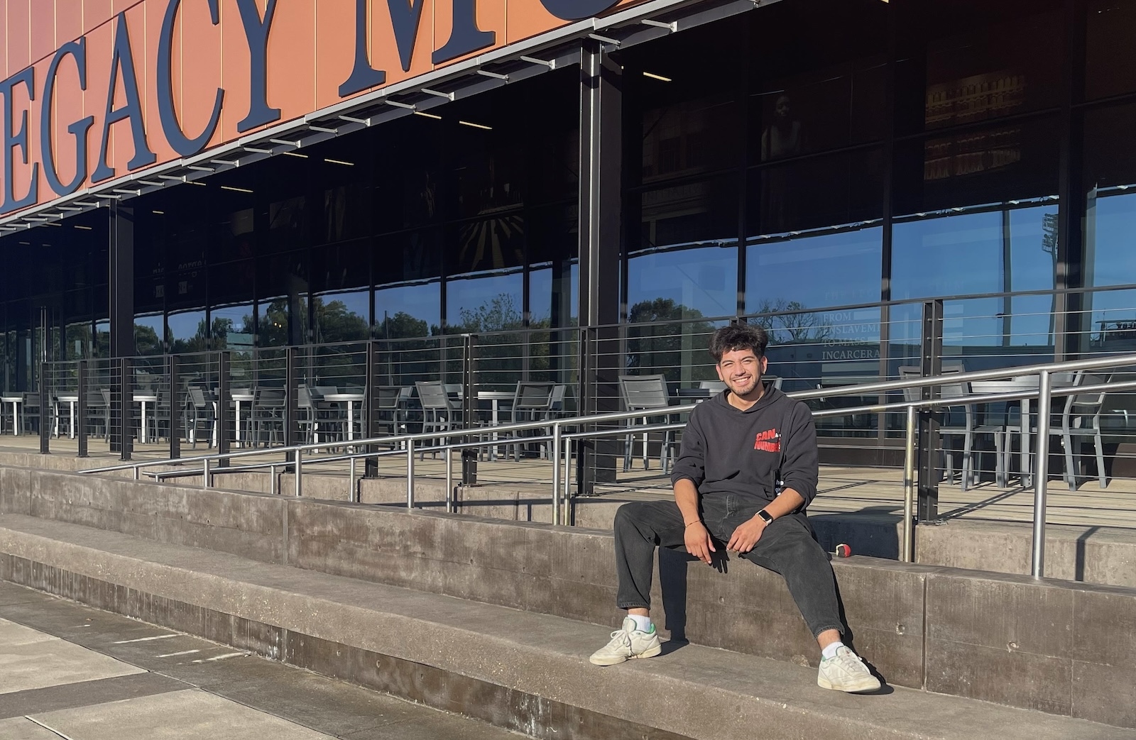 Tony Baldovinos ’25 in front of The Legacy Museum in Montgomery, Alabama