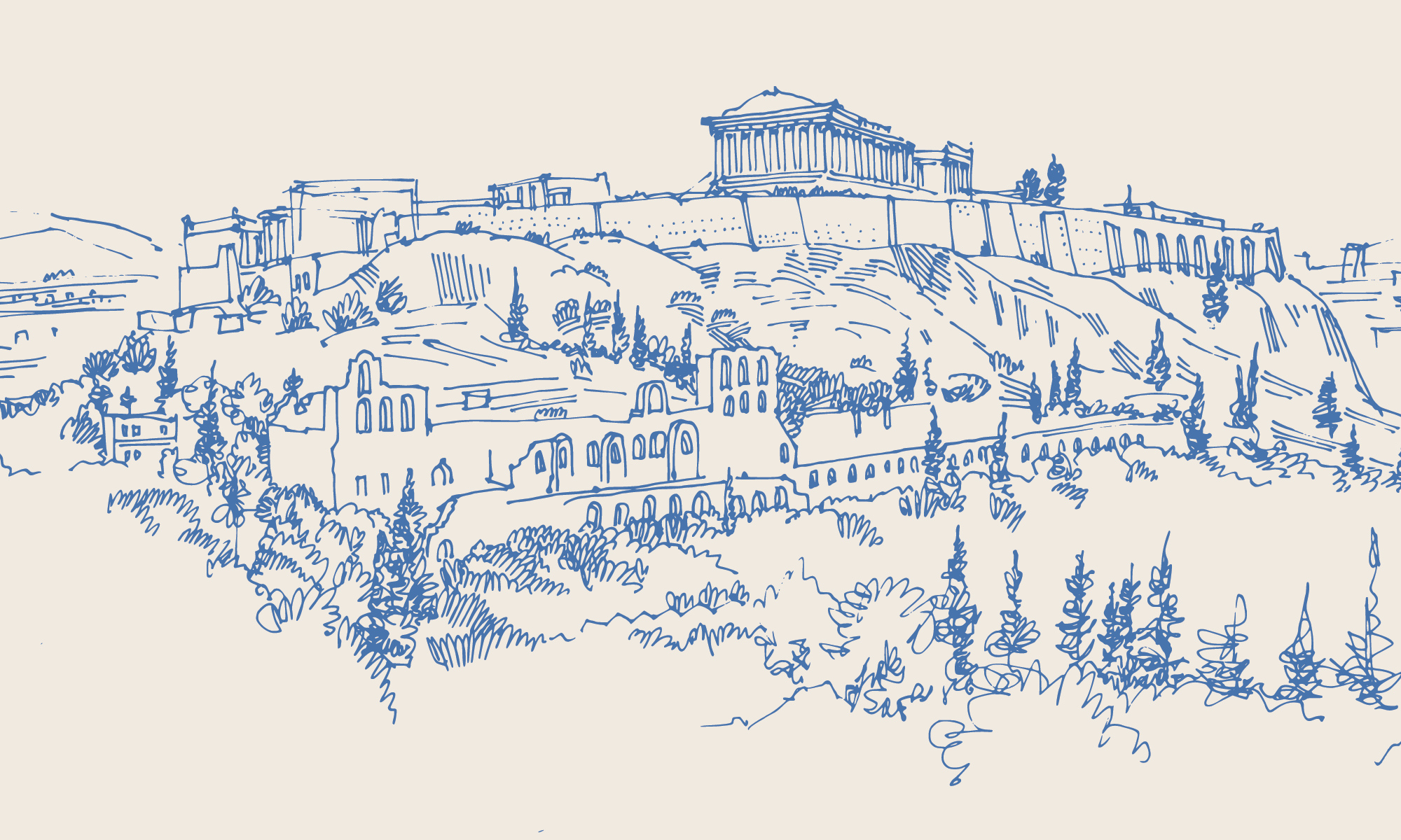 A case for the classics cover image - blue sketch of the Acropolis